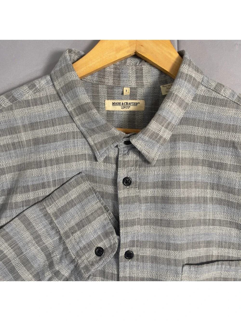 Levi's Made & Crafted Mens Size 3 L Gray Plaid Herringbone Long Sleeve Shirt
